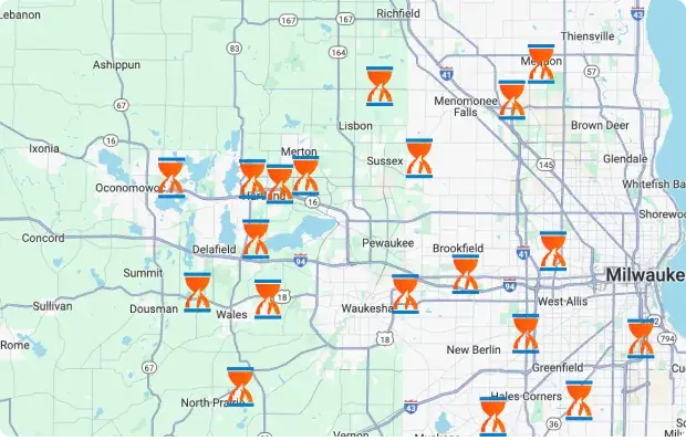 Map of Waukesha, WI service area